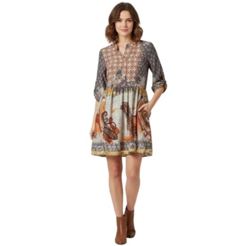 Karlie Women's Flowy Roll Tab Sleeve Multicolor Print Button Front Dress Small - Picture 1 of 11